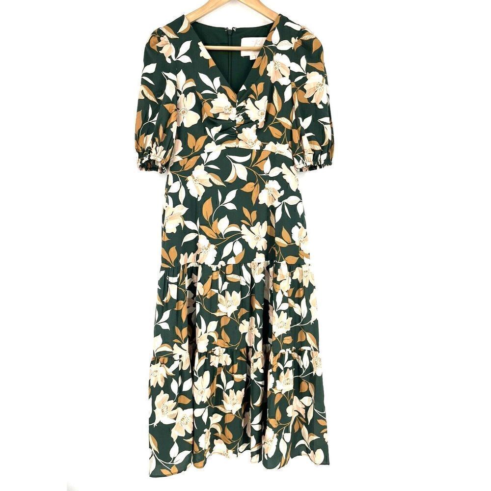 Gal Meets Glam Dress Size 0 Green Tiered Midi Tegan Floral Puff Sleeve Prairie
